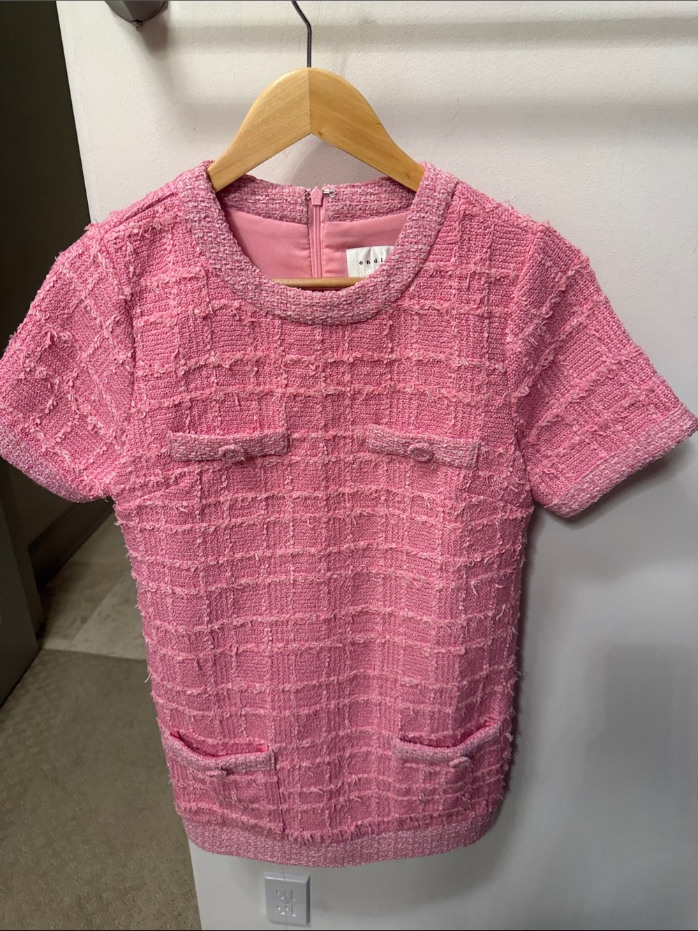 Endless Rose Pink Tweed Short-Sleeve Pocket Top